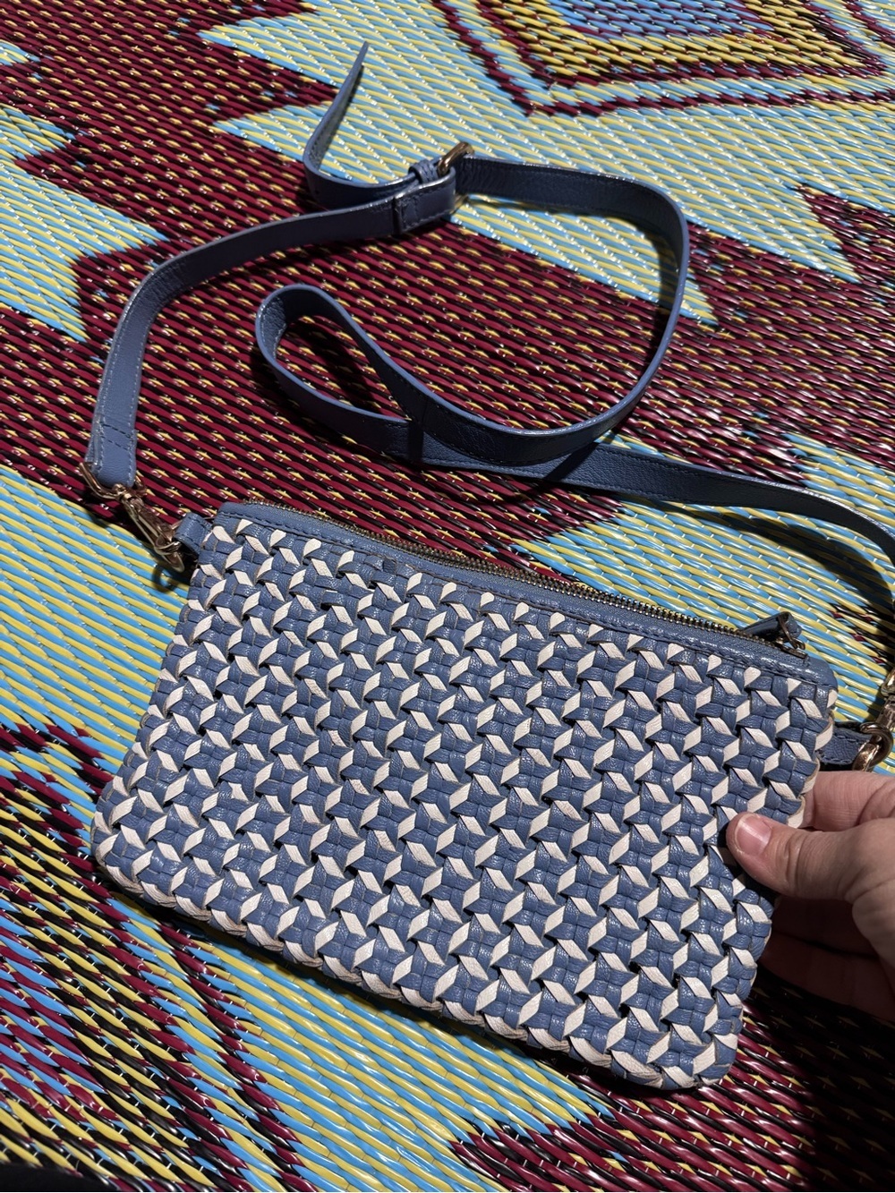 Carpisa blue geometric woven crossbody bag